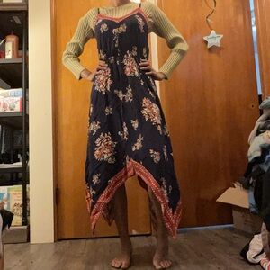 Xhilaration Navy and Red Floral Asymmetrical Dress